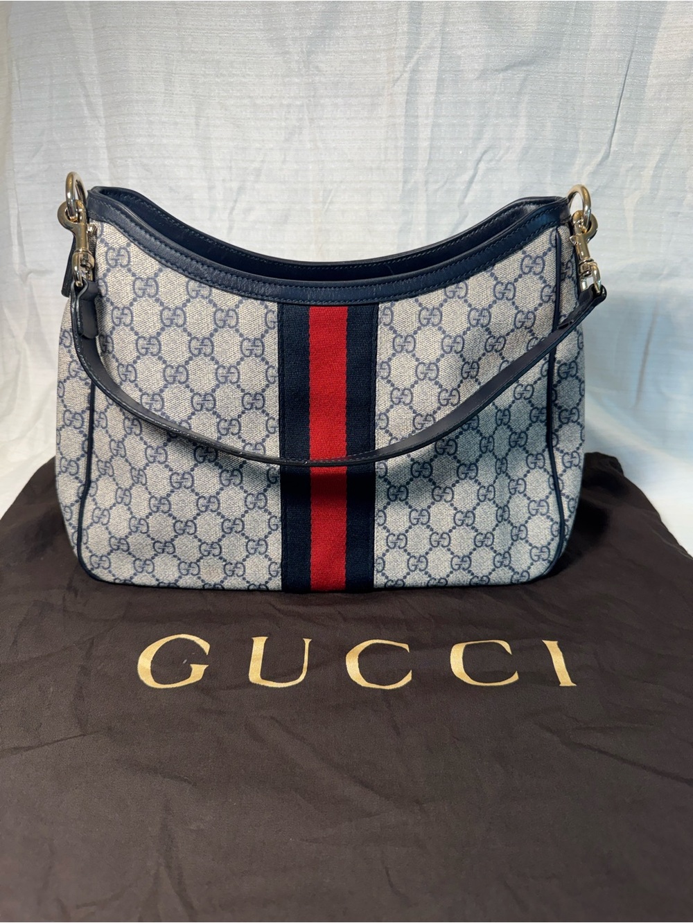 Gucci Navy GG Supreme Web Sherry Line Medium Shoulder Bag Crescent Hobo w/ Dust